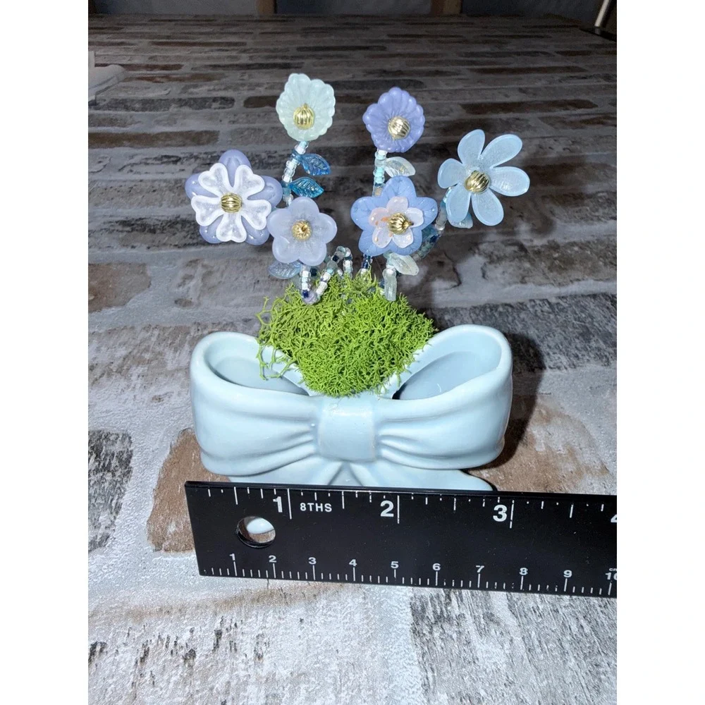 Vintage Blue Ceramic Bow Vase with Beaded Glass Flowers Miniature Arrangement